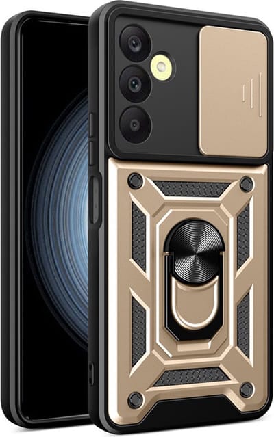 MobyDefend Hoesje - Geschikt voor Samsung Galaxy A25 - Pantsercase Met Draaibare Ring - Goud