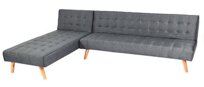 Hoekbank MCW-K38, bank opklapbaar, ligvlak links/rechts, stof/textiel massief hout MVG-gecertificeerd 256cm ~ donkergrijs