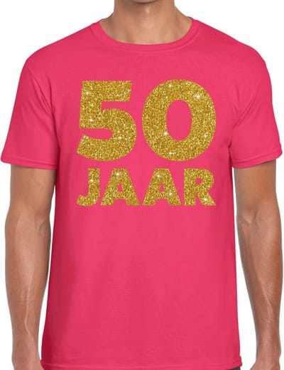 50 Jaar verjaardag - gouden glitters tekst - t-shirt - roze - heren - korte mouwen - Abraham pop kleding S