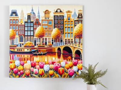 Acryl amsterdam schilderij | Amsterdamse acrylpracht: een kunstige verbeelding van de stad | Kunst - 100x100 centimeter op Forex | Foto op Forex