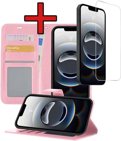 Hoesje - Met Screenprotector - Geschikt voor Apple iPhone 16e / 17e - Luxe Pasjeshouder - Flipcase - Bookcase Portemonee - Flip Case - Kunstleer Book Case - Book Cover - Walletcase - Portemonneehoes - Telefoonhoes - Lichtroze