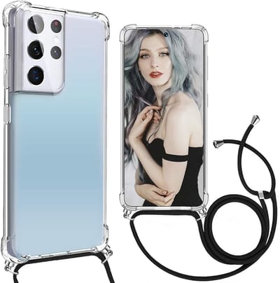 Hoesje Geschikt Voor Samsung Galaxy S21 Ultra Hoesje met draagkoord transparant- Hoesje Geschikt Voor Samsung Galaxy S21 Ultra TPU backcover met koord - Zwart