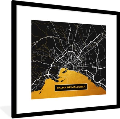 Fotolijst incl. Poster - Mallorca - Stadskaart - Plattegrond - Goud - Kaart - 40x40 cm - Posterlijst