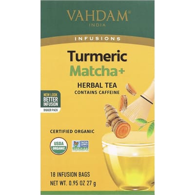 VAHDAM India, Infusies, Kruidenthee, Kurkuma Matcha+, 18 Infusiezakjes, 27g (0,95 oz) yellow