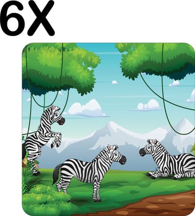 Luxe Placemat - Schattige Zebra's in het Bos - Getekend - Set van 6 Placemats - 50x50 cm - 2 mm dik Vinyl - Anti Slip - Afneembaar