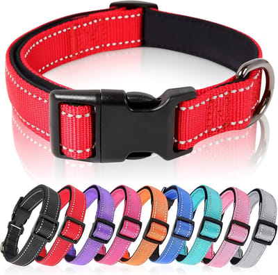 Hondenhalsband, Reflecterende Halsband, Gevoerde, Ademende, Zachte Neopreen Nylon Halsband, Verstelbaar voor Kleine Middelgrote Grote Honden, Rood, S