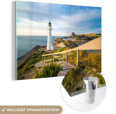 MuchoWow® Glasschilderij 150x100 cm - Schilderij acrylglas - Zee - Vuurtoren - Wit - Foto op glas - Muurdecoratie woonkamer - Wanddecoratie slaapkamer - Schilderijen