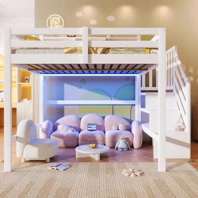VVBV Ruimtebesparende Hoogslaper 140x200 cm - Opbergruimte, Planken, Trap/Ladder, LED-Verlichting - Wit - Zonder Matras