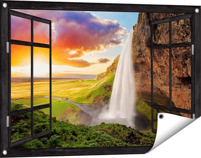 Gards Tuinposter Doorkijk Waterval in IJsland met Zonsondergang - 90x60 cm - Tuindoek - Tuindecoratie - Wanddecoratie buiten - Tuinschilderij