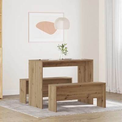 vidaXL - 3-delige - Eettafel - en - bankenset - bewerkt - hout - artisanaal - eiken