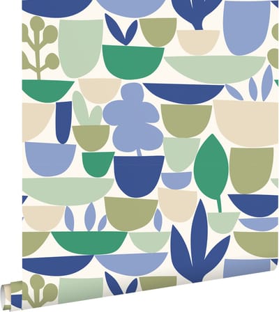 ESTAhome behang aardewerk en planten blauw en groen - 50 x 900 cm - 131076