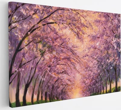 Saammp Canvas Schilderij - Pad tussen de bomen door - Roze - Landschap - Natuur - 30x20 - Foto op canvas - Wanddecoratie - Muurdecoratie Woonkamer - Slaapkamer decoratie - Canvas Print