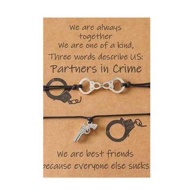 Vriendschapsarmbandjes voor 2 met Handboeien en Revolver - Zilverkleurig - BFF Armbandjes op Cadeau kaartje - Pax Amare