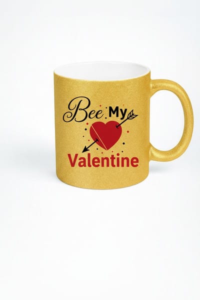 Gouden Glitter Mok 'Bee My Valentine' | Valentijnscadeau met Hart & Amor Pijl