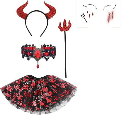 Demonenkostuum voor Kinderen 5-delige Set – Hoofdband, Vleugels, Ketting, Rok, Driepuntige Staf – Rood/Zwart – Geschikt voor Meisjes en Feestjes