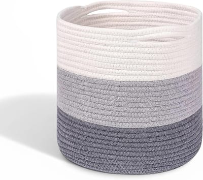 Wasmand van Katoen, 30 x 30 cm, Gevlochten Opbergmand met Handvatten voor Kleding, Speelgoed en Woonruimtes, Ideaal voor Slaapkamer, Kinderkamer en Badkamer (Grijs/Wit)
