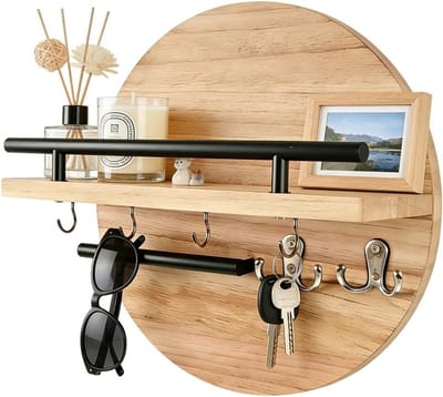 Sleutelrek met plank en opbergruimte, decoratieve ronde sleutelhouder van vintage hout voor hal, wanddecoratie en opberging (30 x 30 x 12 cm)
