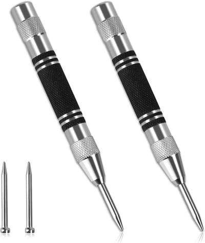 2 x Automatische Naalden 130 mm Verstelbare Impact Centrale Veerpunch met 2 Vervangende Metalen Koppen voor Hout, Muur, Plastic, Metaal en Glas