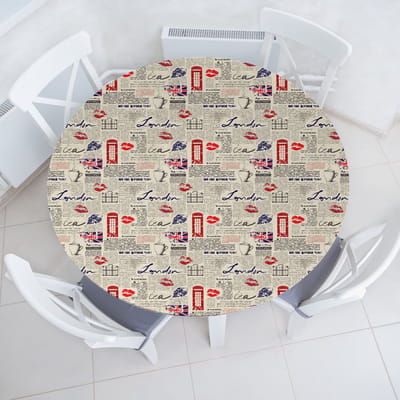 ABAKUHAUS Tea Party Elastisch Rond Tafelkleed, Krantenkussen, Allround Elastisch Stoffen Tafelkleed, 90 cm - 100 cm, Beige Marineblauw Rood