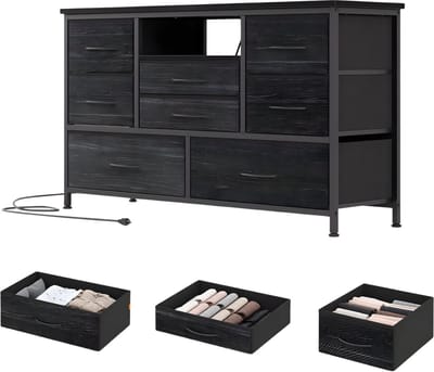 Ladekast met 8 Lades - Dressoir met Laadstation - Metalen Frame & Stoffen Lades - Slaapkamer & TV-Meubel - Grijs/Zwart