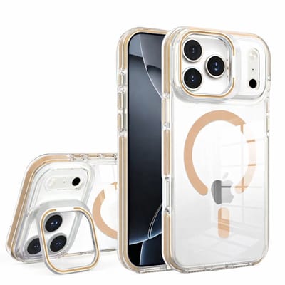Blijvend Transparante MagSafe Telefoonhoes – Shockproof Back Cover met Camera Bescherming & Ingebouwde Standfunctie – Bruin – Geschikt voor iPhone 17