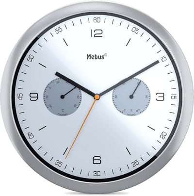 Moderne Ronde Kwarts Wandklok met Temperatuur- en Vochtigheidsmeter, 26 cm Zilver