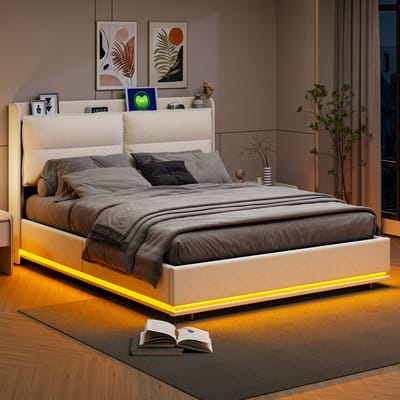 Boxspringbed 140x200 cm met USB-oplaadpunt, LED-verlichting, opberghoofdbord, hydraulische opbergruimte en lattenbodem