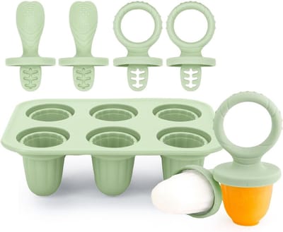 IJsvormpjes van siliconen voor kinderen, 6 vormen Mini Baby IJsvormen IJs aan stokjes met bijtring stok voor kleine handen, BPA-vrij IJsvormpjes, Zelf maken dessertvorm