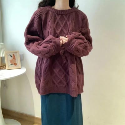 Pulls Tricotés Simples Basiques Torsadés Femmes Couleur Unie Col Rond Manches Longues Pulls Coréens Amples Décontractés Streetwear XXXL violet