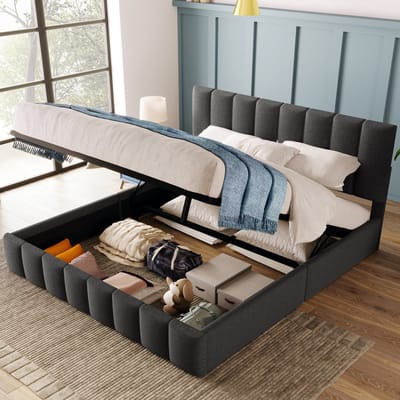 Gestoffeerd hydraulisch opbergbed met verstelbaar hoofdbord - voor slaapkamer en logeerkamer - 140x200 cm - Grijs - Inclusief metalen lattenbodem - Max. 200 kg