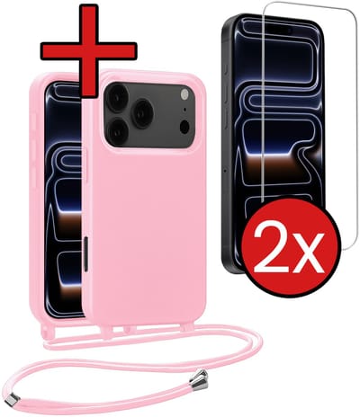 Hoesje Geschikt voor iPhone 17 Pro / 18 Pro Hoesje Siliconen Case Met Koord Met 2x Screenprotector - Hoes Geschikt voor iPhone 17 Pro / 18 Pro Hoesje Backcover Met Telefoonkoord - Lichtroze