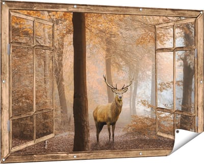 Gards Tuinposter Doorkijk Hert in het Bos - Herfst - 150x100 cm - Tuindoek - Tuindecoratie - Wanddecoratie buiten - Tuinschilderij