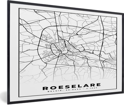 Fotolijst incl. Poster Zwart Wit- Zwart Wit – België – Plattegrond – Stadskaart – Kaart – Roeselare - 60x40 cm - Posterlijst
