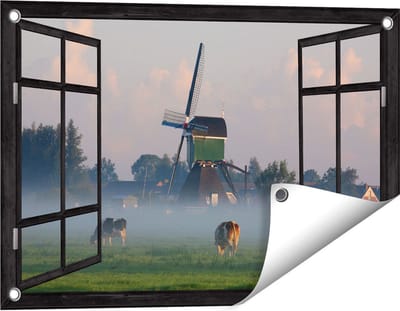 Gards Tuinposter Doorkijk Landschap met Koeien - 60x40 cm - Tuindoek - Tuindecoratie - Wanddecoratie buiten - Tuinschilderij
