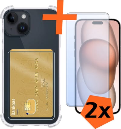 Hoes - Geschikt voor Apple iPhone 15 - Met 2x Screenprotector - Pashouder - Kaarthouder - Telefoon Hoesje Shockproof - Siliconen Case - Back Cover - Shock Proof - Pasjes Houder - Transparant