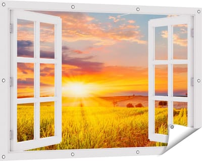 Gards Tuinposter Doorkijk Zonsopgang op het Maïsveld - 120x80 cm - Tuindoek - Tuindecoratie - Wanddecoratie buiten - Tuinschilderij