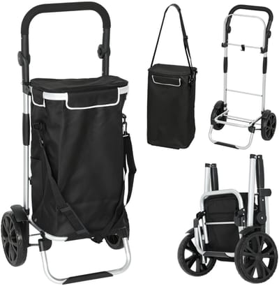 Zwart, 97 x 45,5 x 35,5 cm, 3-in-1 Opvouwbare Boodschappentrolley met 40L Capaciteit, Tot 25 kg Belasting, Inclusief Koeltas, Licht Aluminium Frame, Multifunctioneel en Handig voor Winkelen