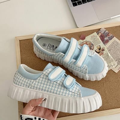 Chaussures blanches à semelles épaisses pour femmes, chaussures laides et mignonnes, pied-de-poule, classiques, décontractées, rétro, Design de Niche, en toile 35 bleu clair