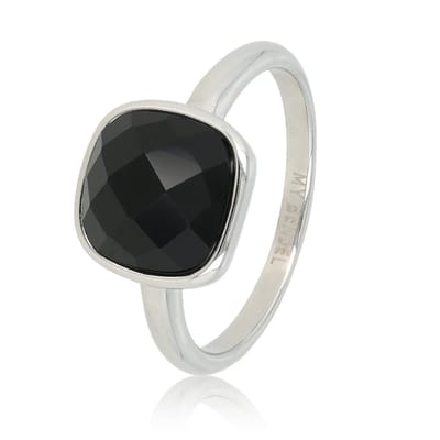 My Bendel - Zilverkleurige Ring met Grote Facet Zwarte Kristal Glassteen - Zilverkleurige Ring - met Luxe Cadeauverpakking | Sieraden Voor Dames | Maat 17.00 Mm / Maat 53