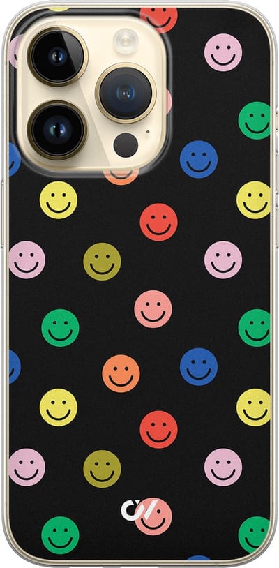 Hoesje geschikt voor Apple iPhone 14 Pro - Retro Smileys - - Zwart - Apple - Casevibes
