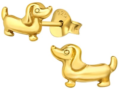 Joy|S - Zilveren hond oorbellen - teckel - 10 x 6 mm - oorknoppen - gold plated