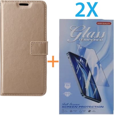 Bookcase Geschikt voor: Apple iPhone 16 Pro - Goud - portemonnee hoesje - + 2X Tempered Glass Screenprotector