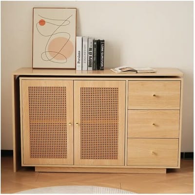 Merax Hoekbureau met 3 lades en 2 rotan deuren - 126 x 40 x 75 cm - MDF - Naturel
