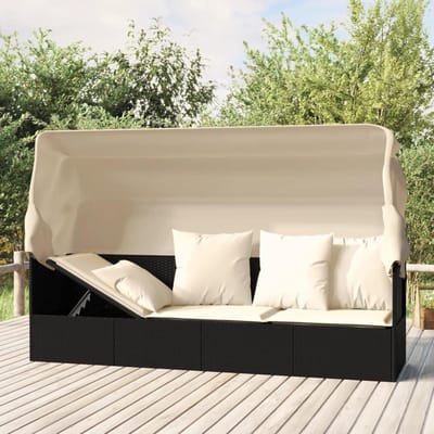 Zonneligstoel Buiten - Tuin Lounger - Ontspannen Zomer - Met Opvouwbaar Dak - Inclusief Kussen - Zwart