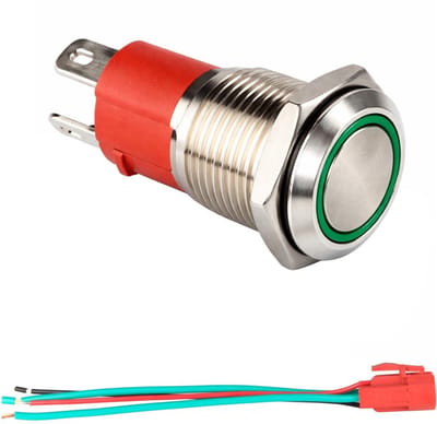 Drukknop Schakelaar - Momentary Knop - Apparaat Starten - Verlicht Groen LED - 16mm Paneelmontage - Metaal