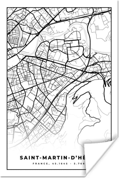 Poster Stadskaart – Plattegrond – Kaart – Saint-Martin-d'Hères - Frankrijk - Zwart wit - 120x180 cm XXL