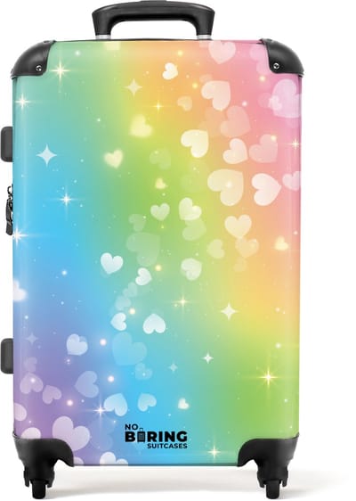 NoBoringSuitcases.com® - Kinderkoffer groot - Kindertrolley koffer - Hartjes - Regenboog - Rolkoffer lichtgewicht - Reiskoffer met 4 wielen - Grote trolley XL - 20 kg bagage