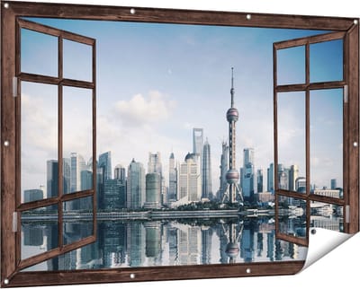 Gards Tuinposter Doorkijk Shanghai Skyline in China - 150x100 cm - Tuindoek - Tuindecoratie - Wanddecoratie buiten - Tuinschilderij