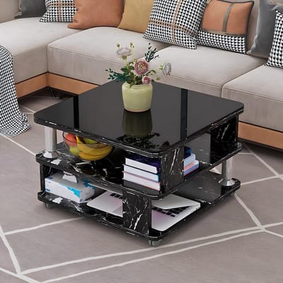 Kleine Salontafel - Bijzettafel Vierkant - Opbergen En Zetten - Met Wielen En Glas - 60 cm Breed - Houtkleur