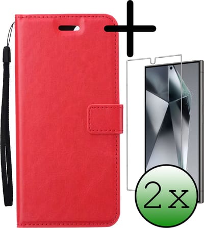Hoesje Met 2x Screenprotector - Geschikt voor Samsung Galaxy S24 Ultra - Luxe Pasjeshouder - Bookcase Portemonee - Flip Case - Kunstleer Book Case - Flipcase Hoes - Book Cover - Walletcase - Portemonneehoes - Rood